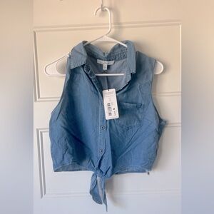 Crop button up collared chambray top